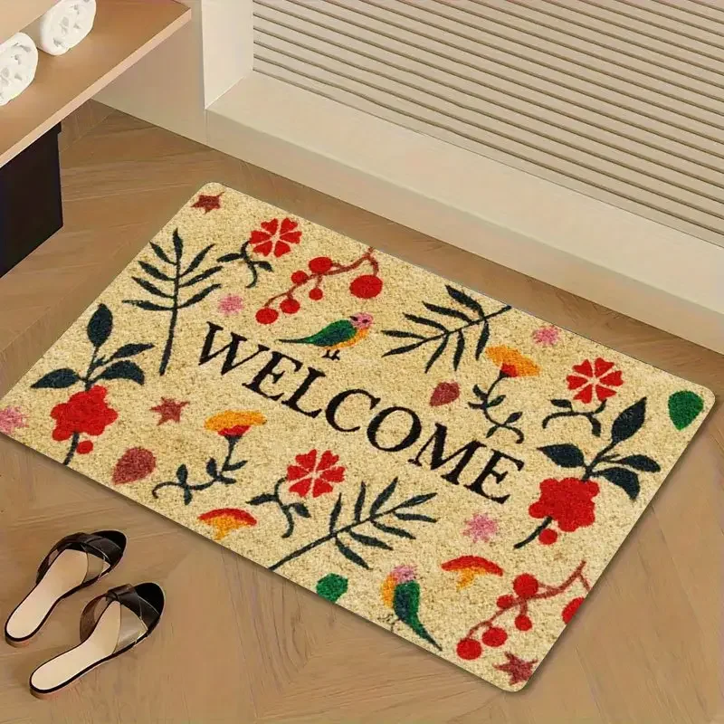 Willkommen florale Fußmatte mit Buchstabenmuster, rutschfeste weiche Bodenmatte, dekorativer Teppich für Zuhause, Wohnzimmer, Schlafzimmer, Küche