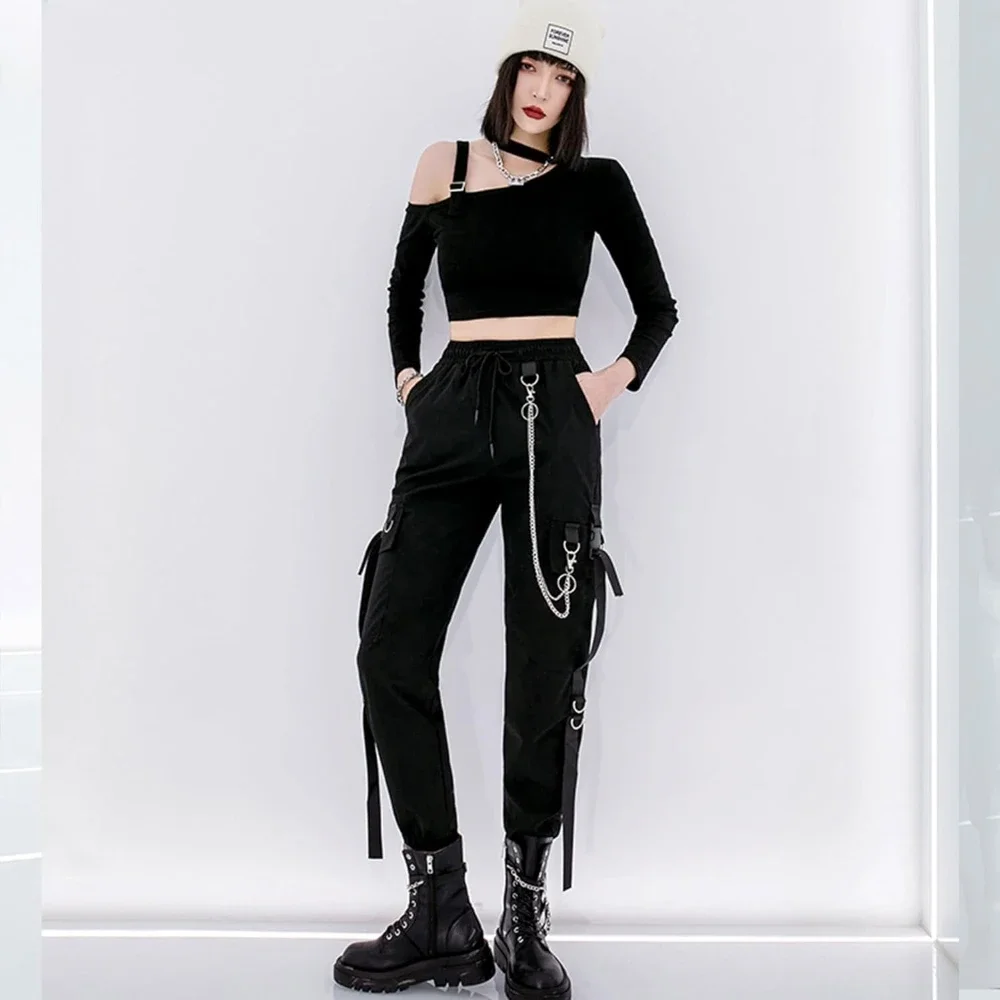 Cargo Pants with Chain for Women Loose Fit Techwear Hip Hop Streetwear Joggers Trousers Female Black Sports Cargo Sweatpants
