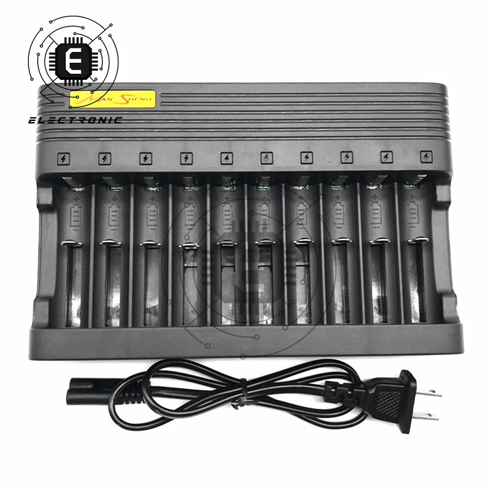 Independent Slot EU US Plug Charger Compact 10-Slot Battery Charger 3.7/4.2V 14500 16340 18650 Li-ion Rechargeable Battery