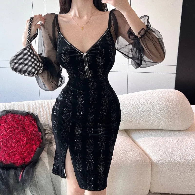 Ezgaga Women Dresses Vintage Sexy Velvet Split Flare Long Sleeve Patchwork V Neck Slim Elegant Party Mini Dress Female Autumn