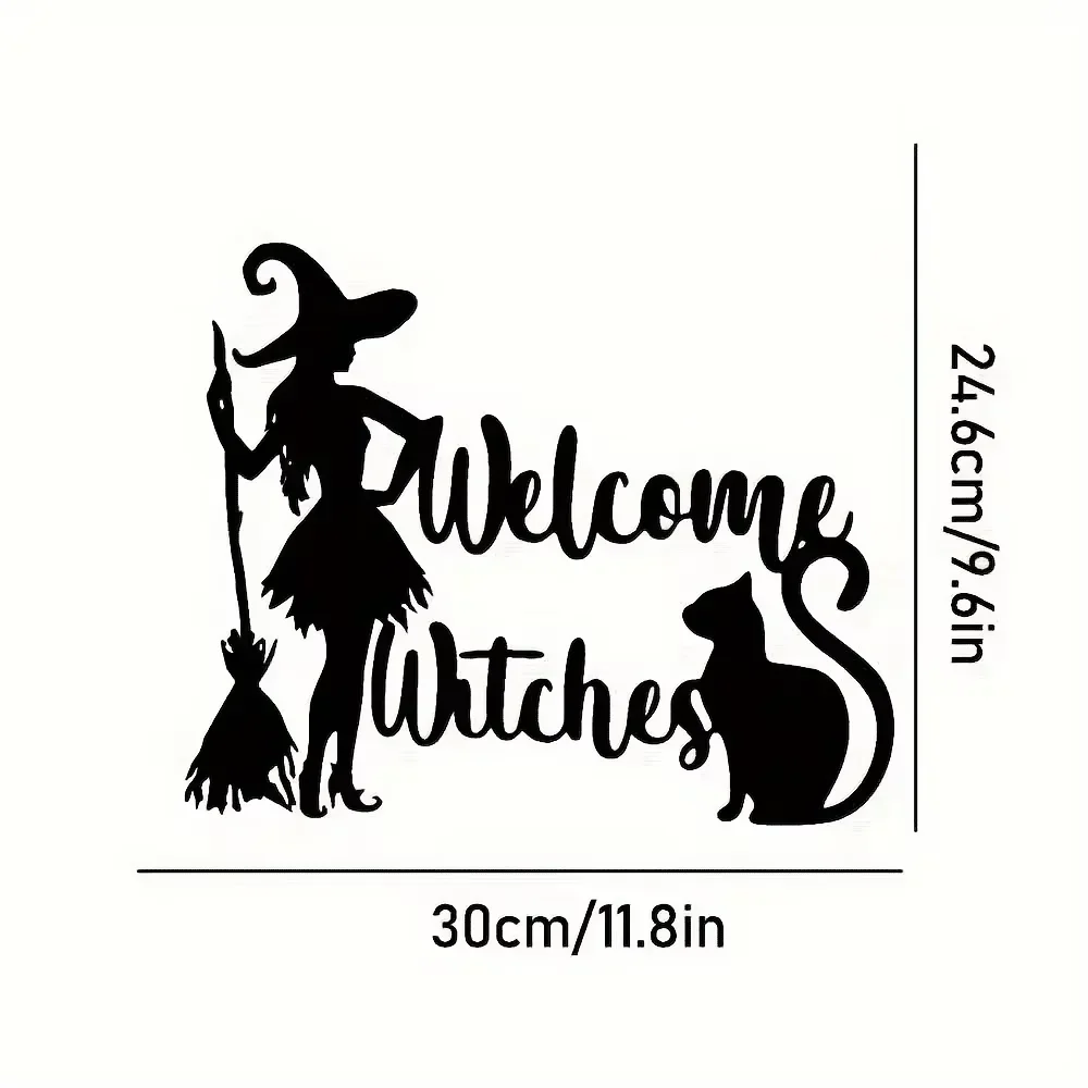 “Halloween Metal Wall Decoration Element: Delightful Witch Cat & Broomstick Welcome Sign.”