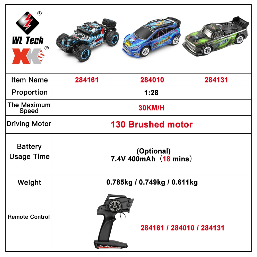 WLtoys 284161 284010 1:28 4WD RC Car With LED Lights 30KM/H 2.4G Radio Remote Control Car Off-Road Drift Vehicle Toys