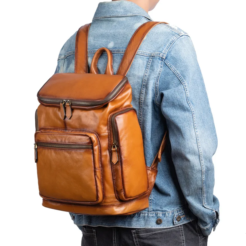 Johnature Vintage Genuine Leather Men Backpack Large Capacity Outdoor Travel Bags Natural Soft Cowhide Fashion Laptop Backpacks