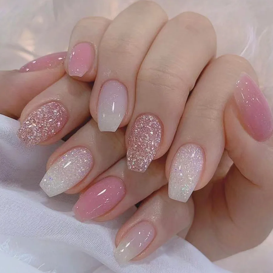 

24Pcs Glitter False Nails with Shiny Powder Design Gradient Pink Fake Nails Mid-length Ballet Press on Nails Wearable Fingernail