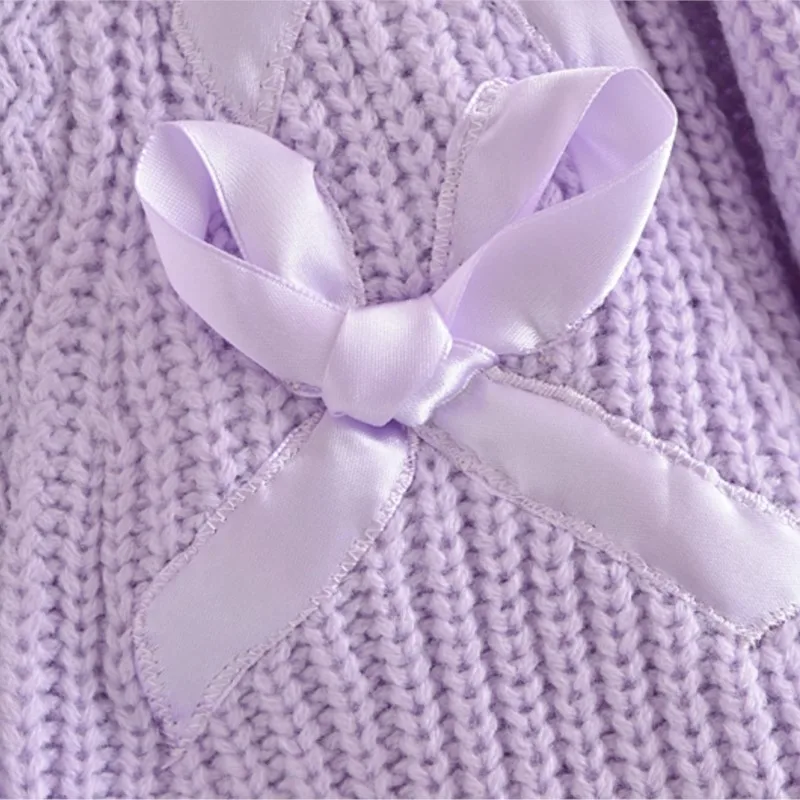 Vintage Purple Spliced Ribbon Bow Knitted Cardigan Women V neck Single-breasted Button Sweater Full Puff sleeve Short Jumper