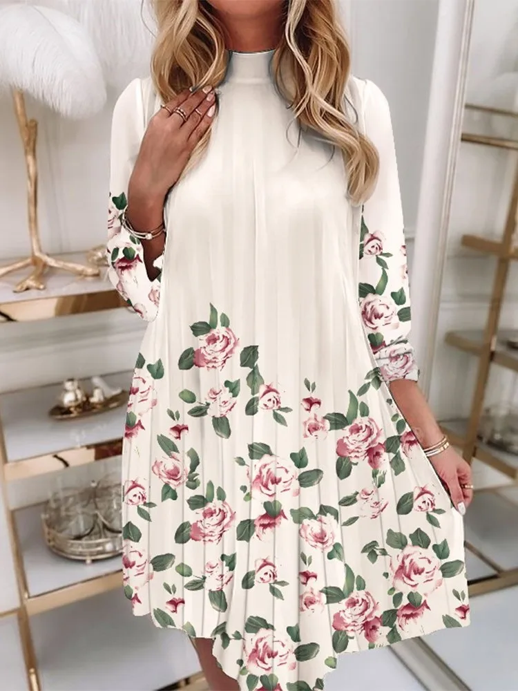 

Spring Summer Fashion Women Floral Folds Ruffles Loose Dresses Office Lady Elegant O-neck Dress Bohemian Party Dress Vestidos