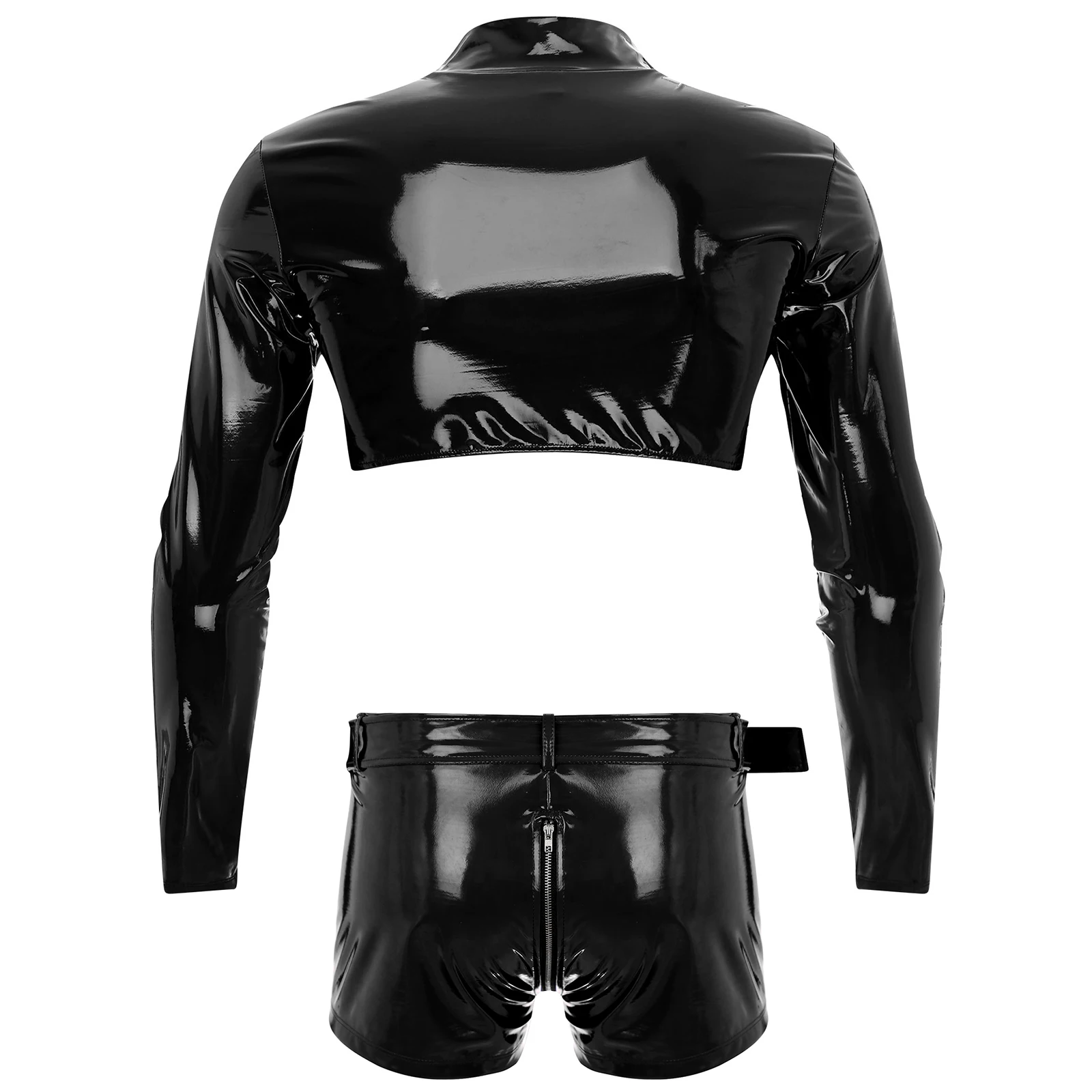 Mens Glossy Patent Leather Suit Front Zipper Crop Top And Zipper Crotch Boxer Shorts with Waist Belt Clubwear Nightwear