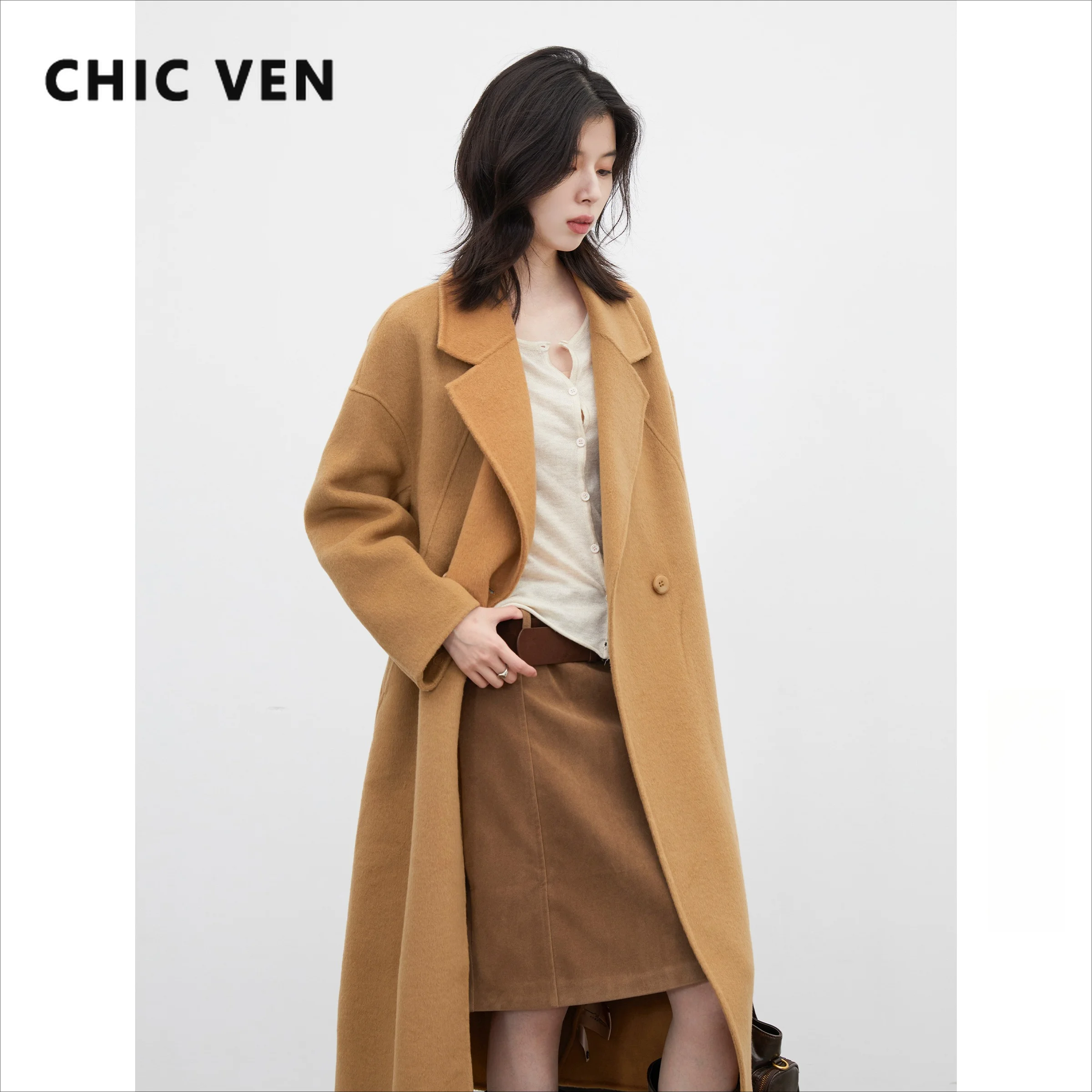 CHIC VEN Fashion Women Double-sided Woolen Coat Solid Long Loose Casual Double-breasted Ladies Outerwears Autumn Winter 2026
