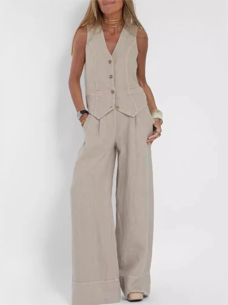 Spring Summer Elegant High Waist Trousers Outfits 2024 Women Chic Two Piece Set Sleeveless Vest Top with Wide Leg Pants Suits