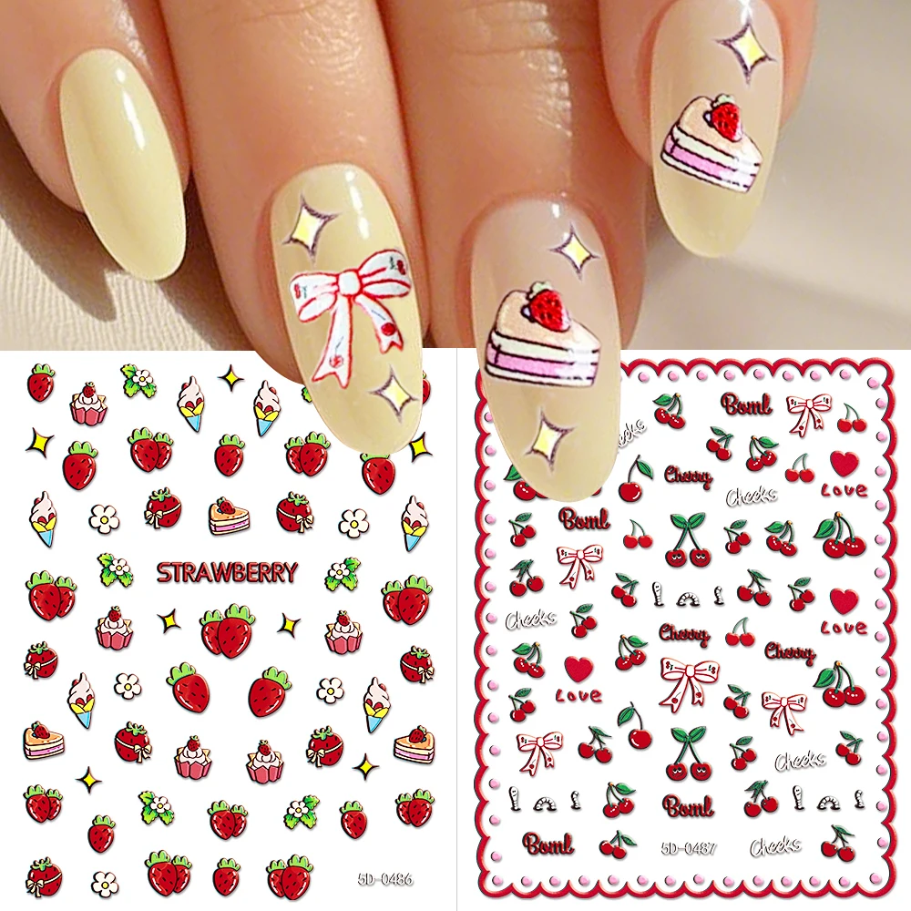 2 fogli 5D adesivi per unghie fragola rossa ciliegia carino torta di frutta petalo adesivi decalcomanie bowknot ciliegia cursore decorazione manicure