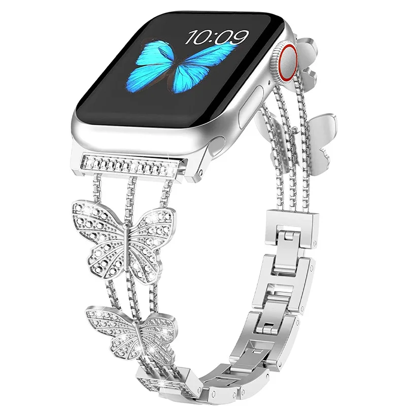 Metal Strap For Apple Watch Band Ultra 4mm 45mm 40mm 41mm 49mm Bling Butterfly Bracelet Chain for iWatch Series 9 8 7 6 5 SE 4 3