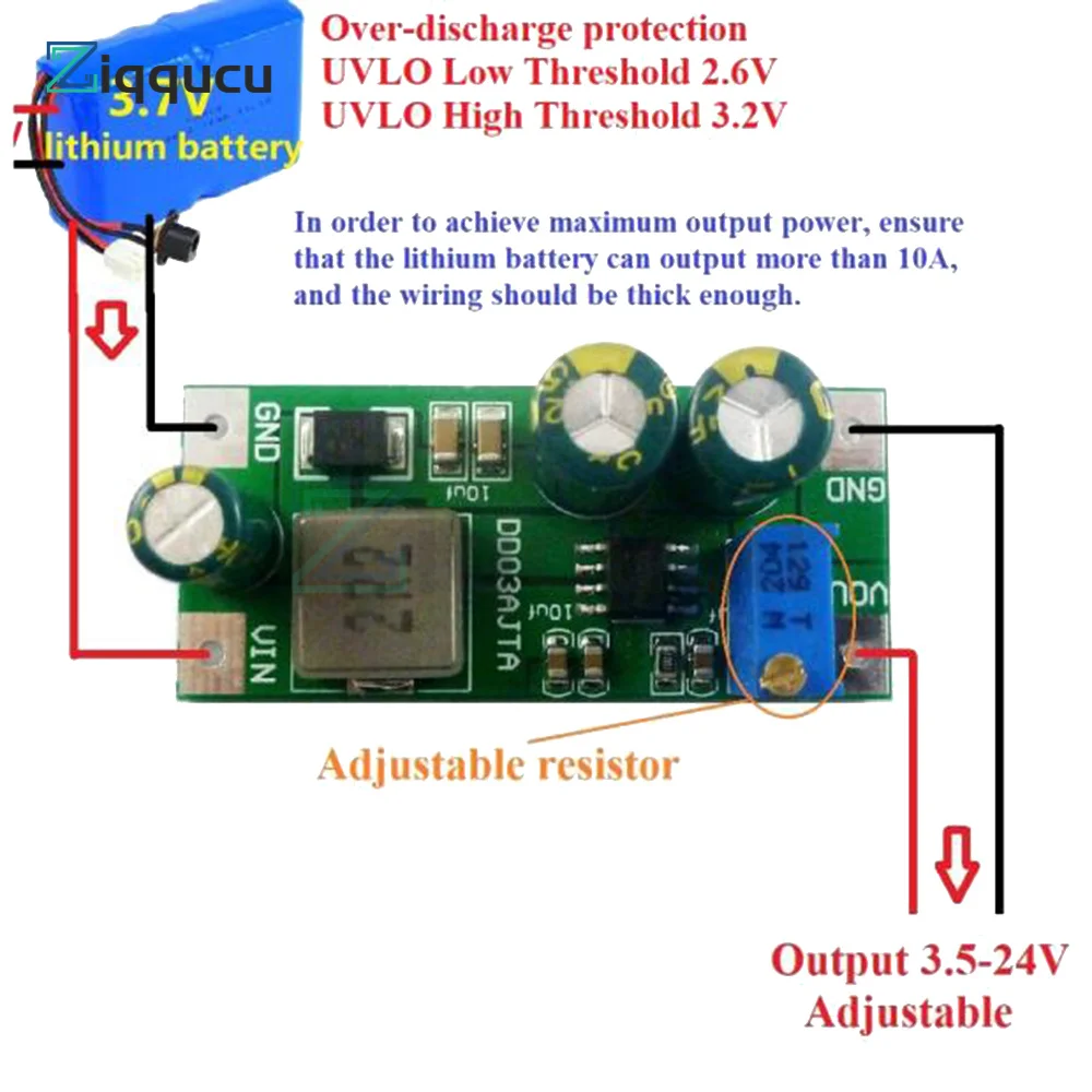 DD03AJTA 30W 6A DC 2.7-5.5V to 3.5-24V DC-DC Boost Converter Step-Up Boost Converter Board for 18650 Lithium Battery