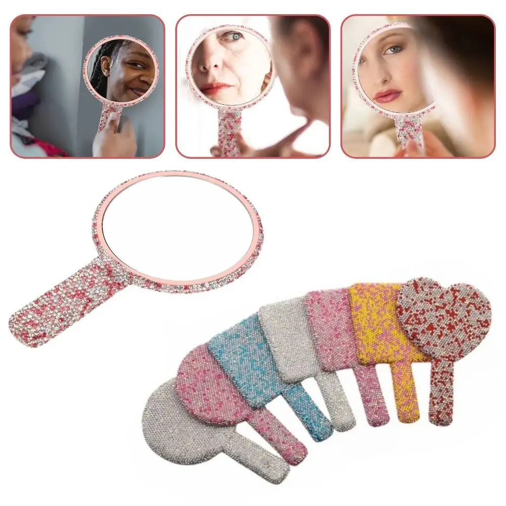 Novo espelho de maquiagem de strass redondo quadrado formato de coração brilhante espelho de mão cosmético portátil com alça espelho portátil