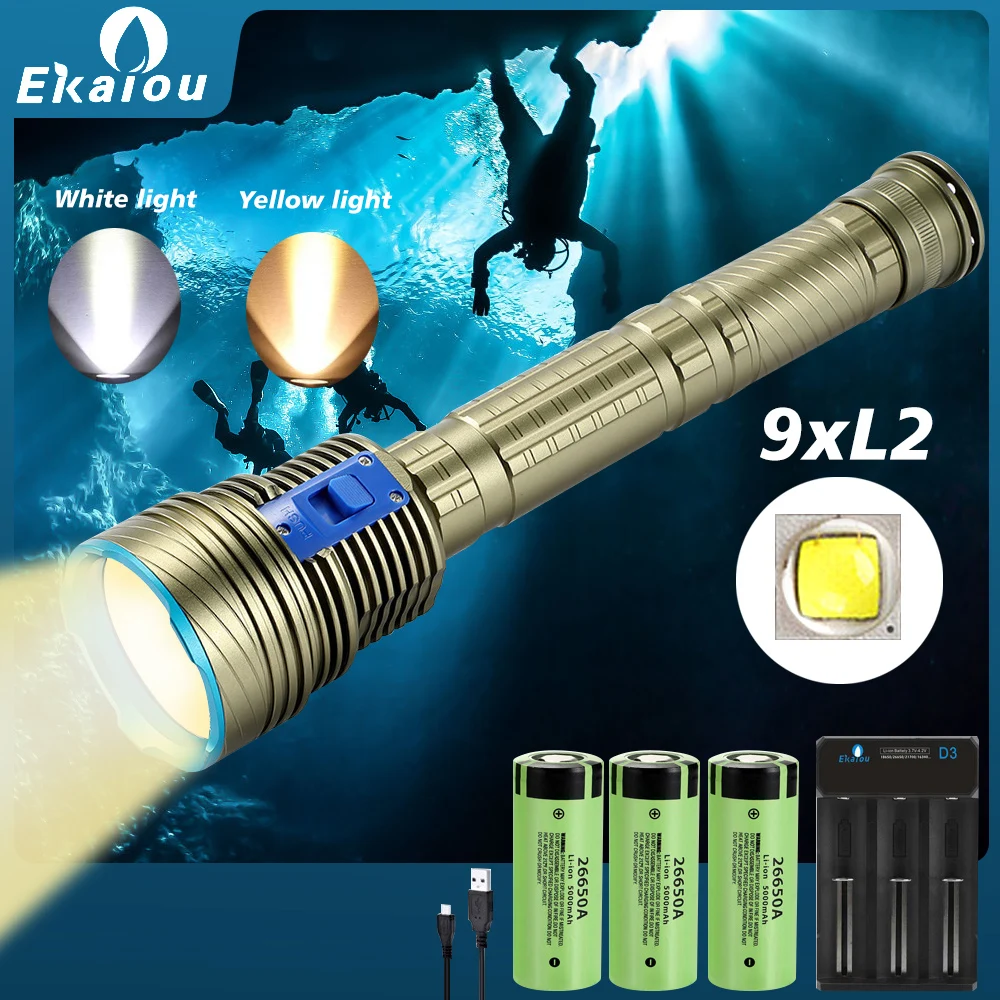 Powerful 9 Light L2 Diving Flashlight Professional Underwater Night Dive Catch Fish In Sea Torch Outdoor Strong Lamp