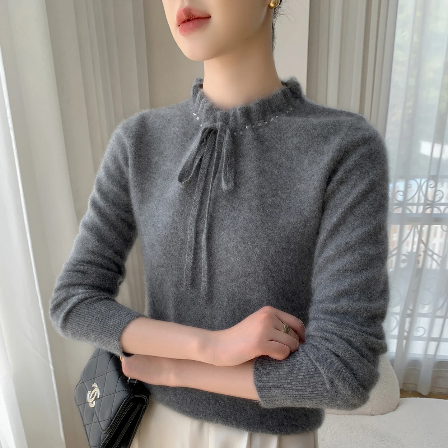 

Новый женский пуловер из 100% чистого кашемира, повседневный однотонный вязаный свитер, свободные топы с грибковыми краями, джемпер с горячими бриллиантами