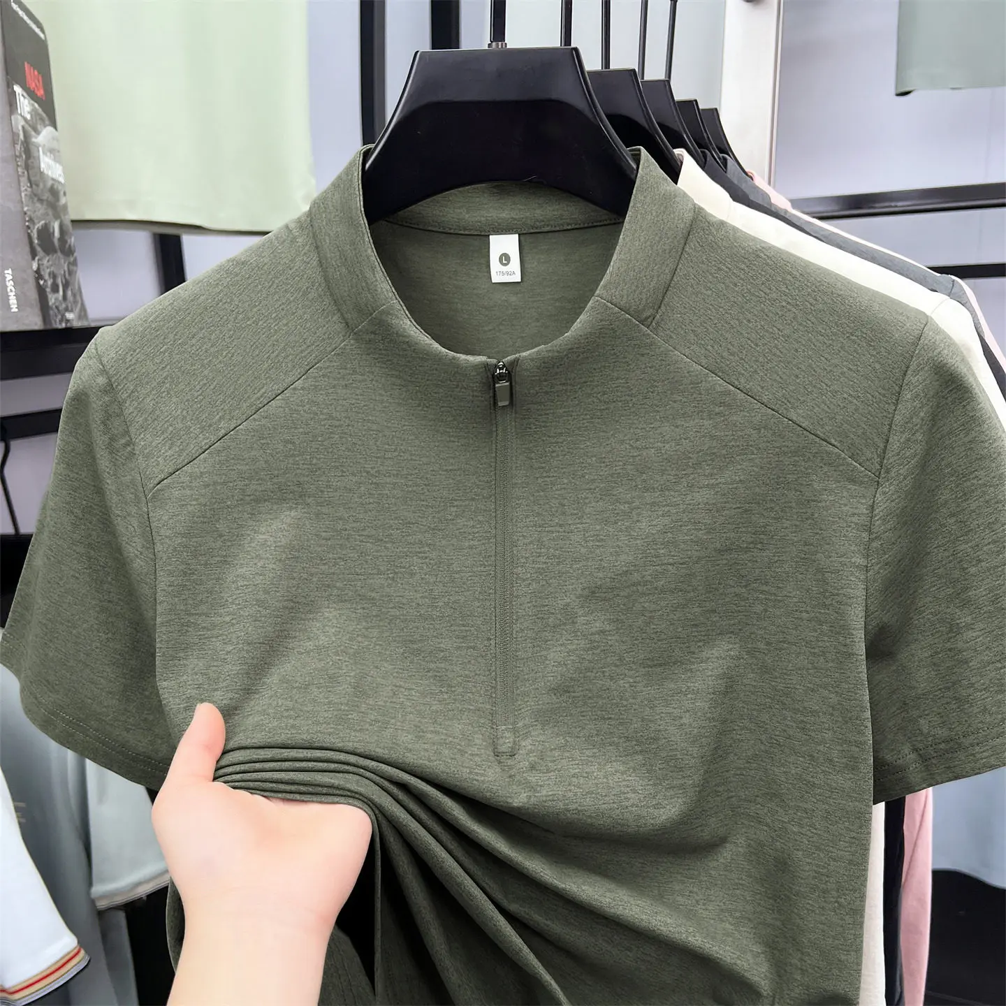 

Polo Men's Casual Fashion Zippered Solid Color Short Sleeve Polo Shirt Stand up Collar Versatile Comfortable Top
