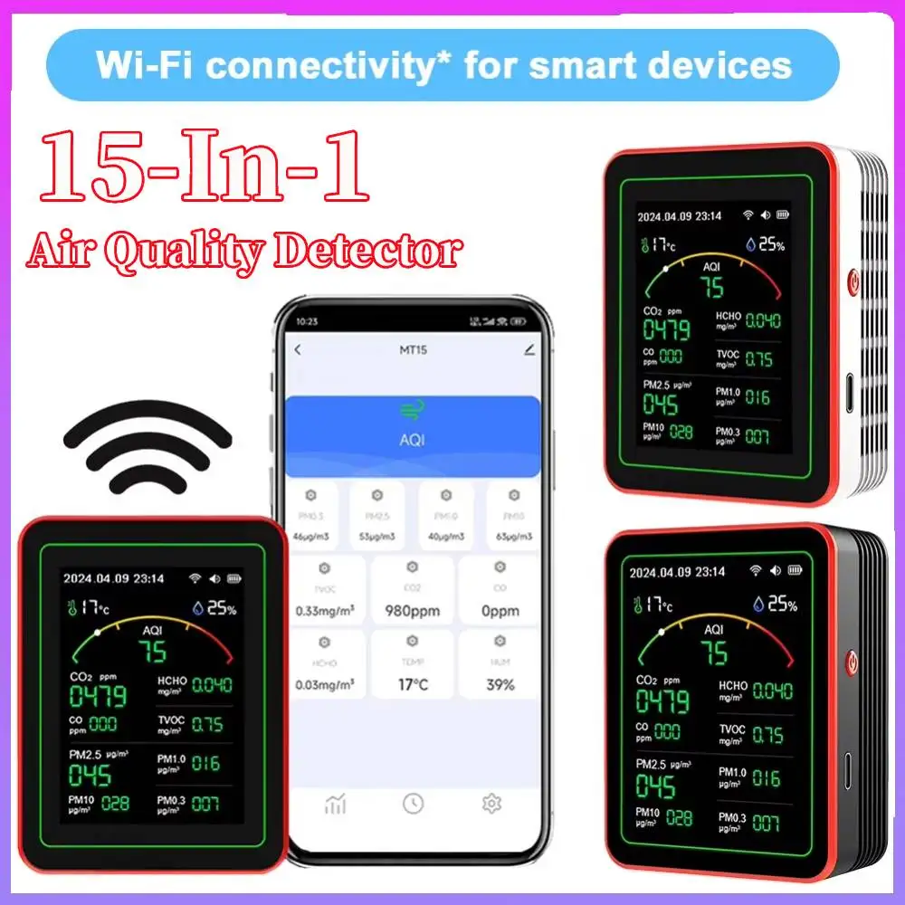 

Tuya WiFi 15 in 1 Air Quality Detector CO/CO2/HCHO/TVOC/AQI/PM0.3/PM1.0/PM2.5/PM10/Temperature/Humidity/AQI Air Quality Monitor
