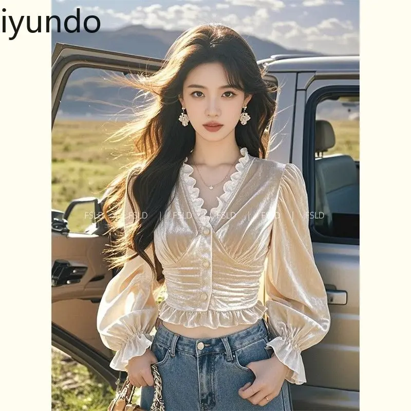 Fluwelen champagnekleurige damesblouse - Elegante luxe herfsttop Unieke stijlvolle shirts voor dames Chemise Satijn