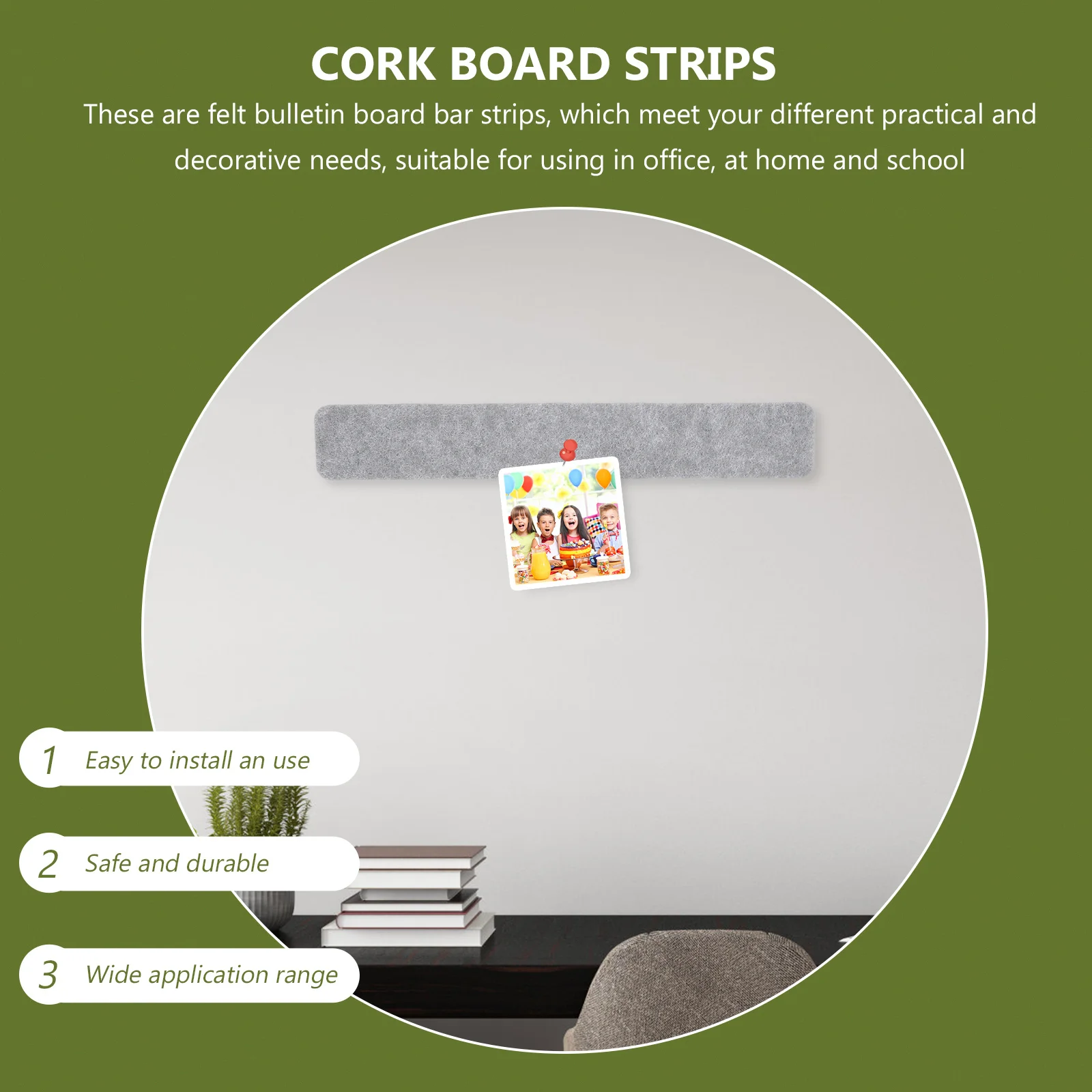 

8Pcs Felt Wall Board Strip Stylish Memo Strip with Pushpins for Photo Message Notes Decoration Cork Board Strips