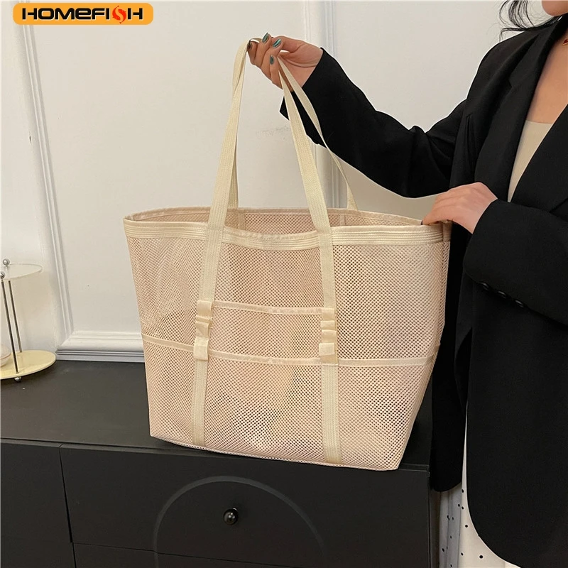 HOMEFISH Multipocket Summer Large Beach Bag For Towels Mesh Durable Beach Bag For Toys Waterproof Underwear Pocket Beach Tote