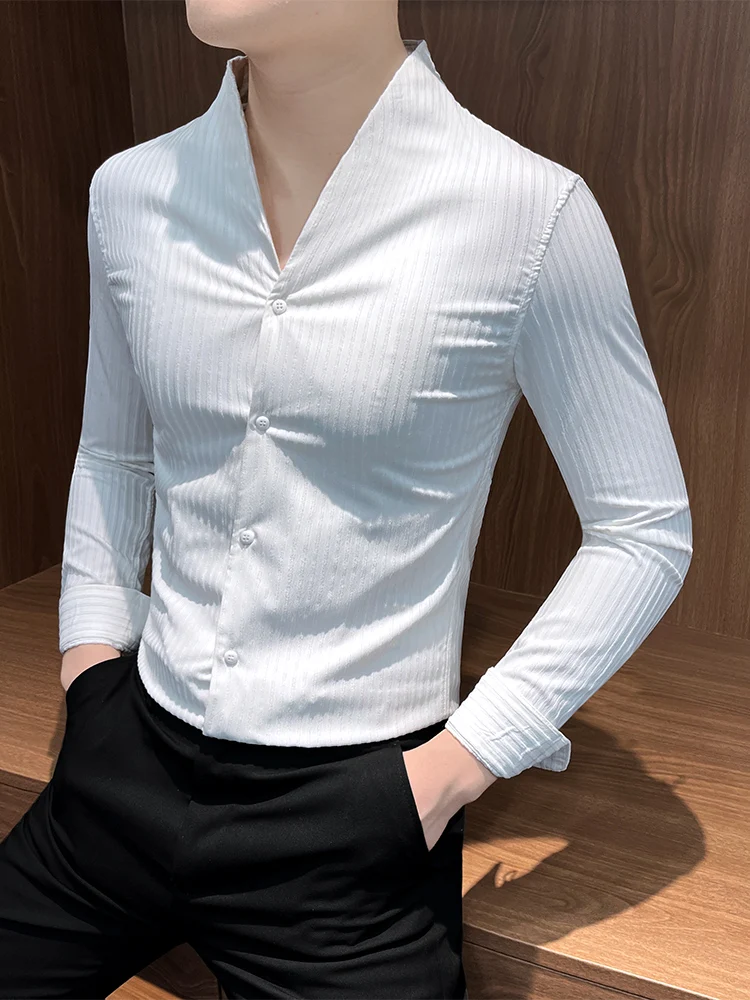 2025 moda sem gola manga longa camisa casual masculina de alta qualidade fino ajuste versátil listrado camisa de negócios roupas masculinas
