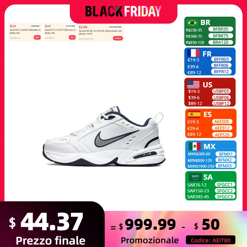 Nike Air Monarch 4 Low Men's and Women's Sneakers Classic Retro Casual clunky shoes Cushioned comfort Sneakers White&Silver