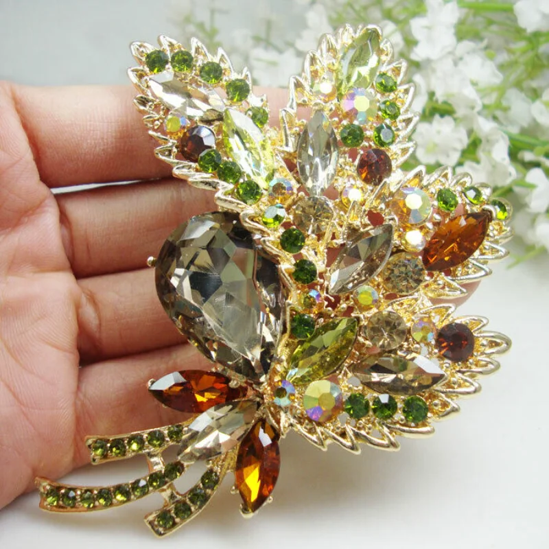 Vintage Design Frau Vintage braun Strass Kristall Blume Blatt Anhänger Brosche Pin Modeschmuck luxuriöses Hochzeits geschenk