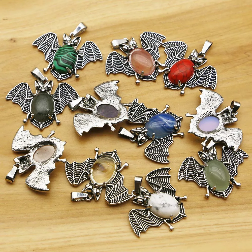 

Natural Stone Crystal Agate Alloy Bat Pendants Fashion Healing Charms Necklace Earrings Jewelry Accessories Gift Wholesale 12Pcs