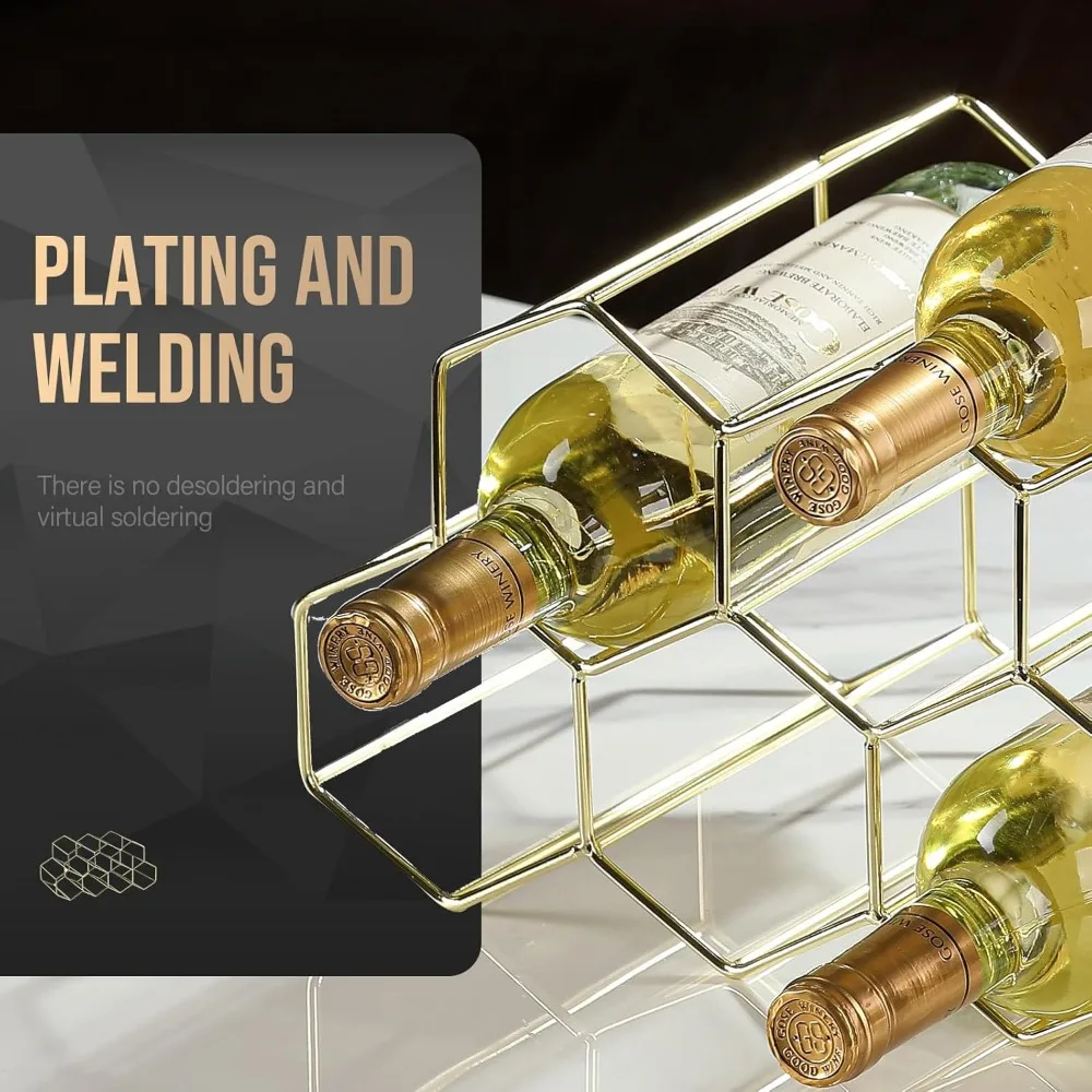 countertop wine rack - 9 bottle freestanding modern gold metal small - 2 tier tabletop wine holder stand for cabinet, pantry - w