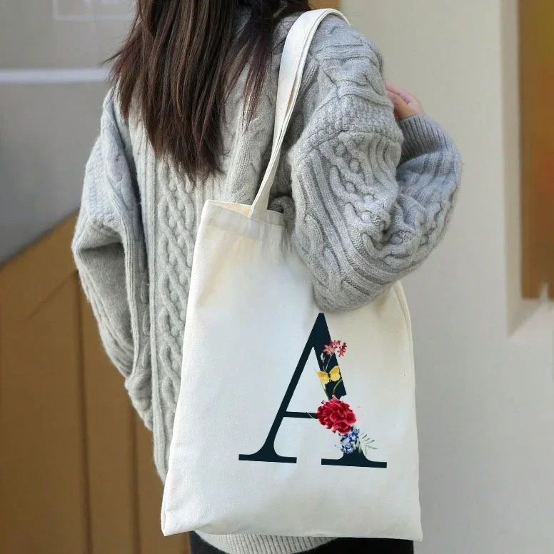 

Floral Alphabet Print Canvas Tote Bag - Everyday Use, Commuter Shoulder Bag, Large Capacity Reusable Grocery Bag