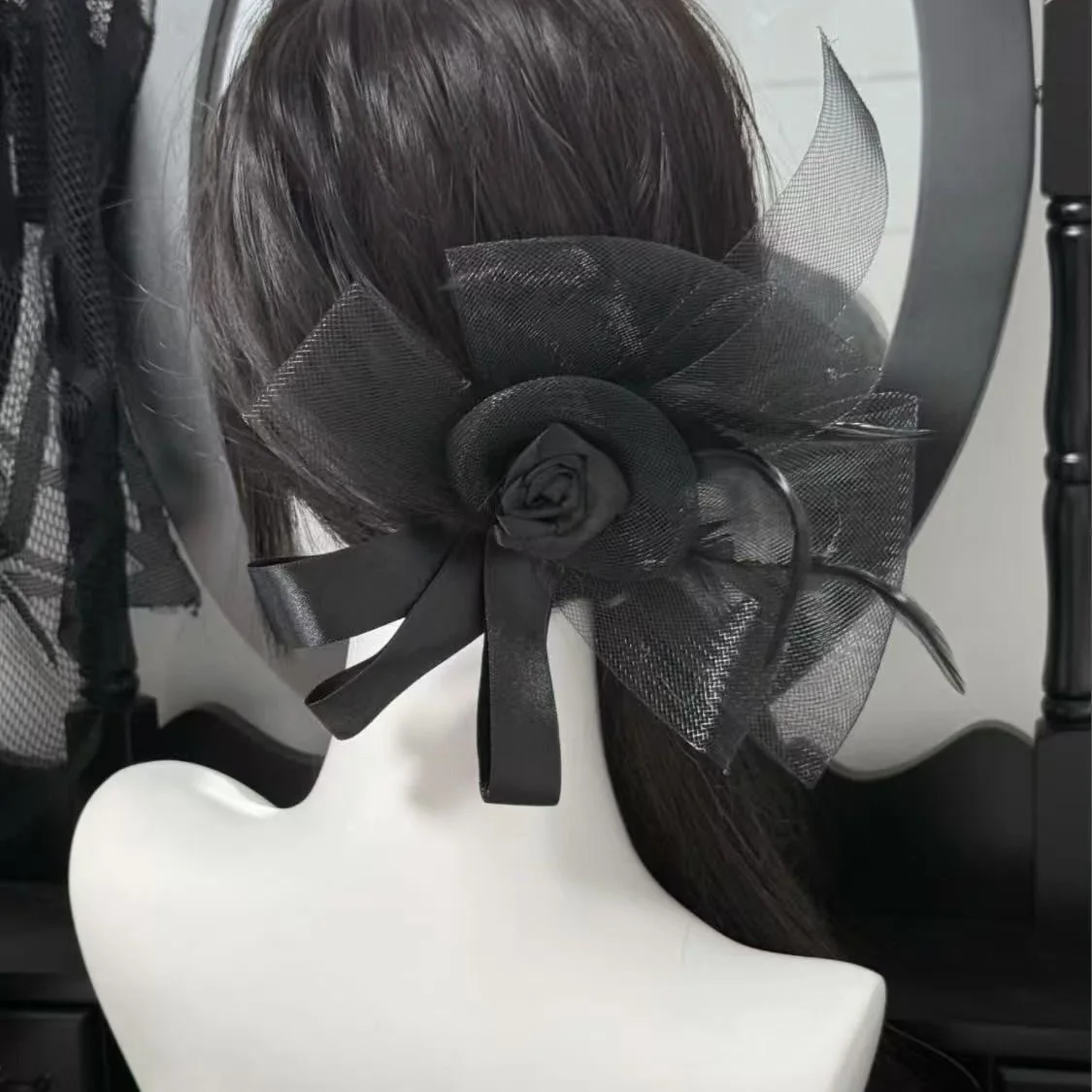 Gótico lolita laço preto grande arco fita retro escuridão feminino menina headwear retro hairpin acessórios