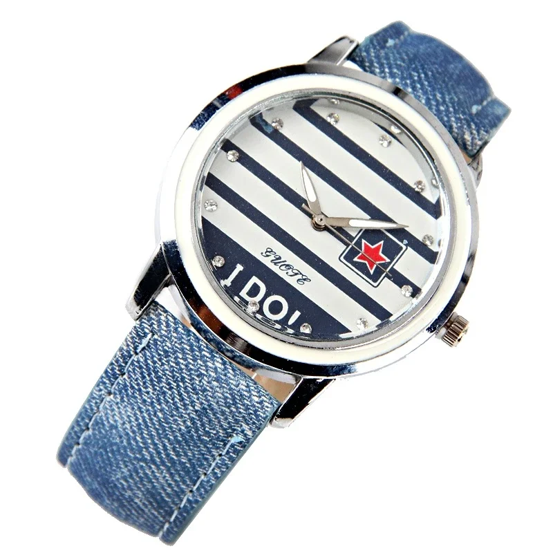 

New Famous Brand Stripe Star Casual Quartz Watch Women Jean Fabric Lether Strap Dress Watches Relogio Feminino Clock Ladies Hour