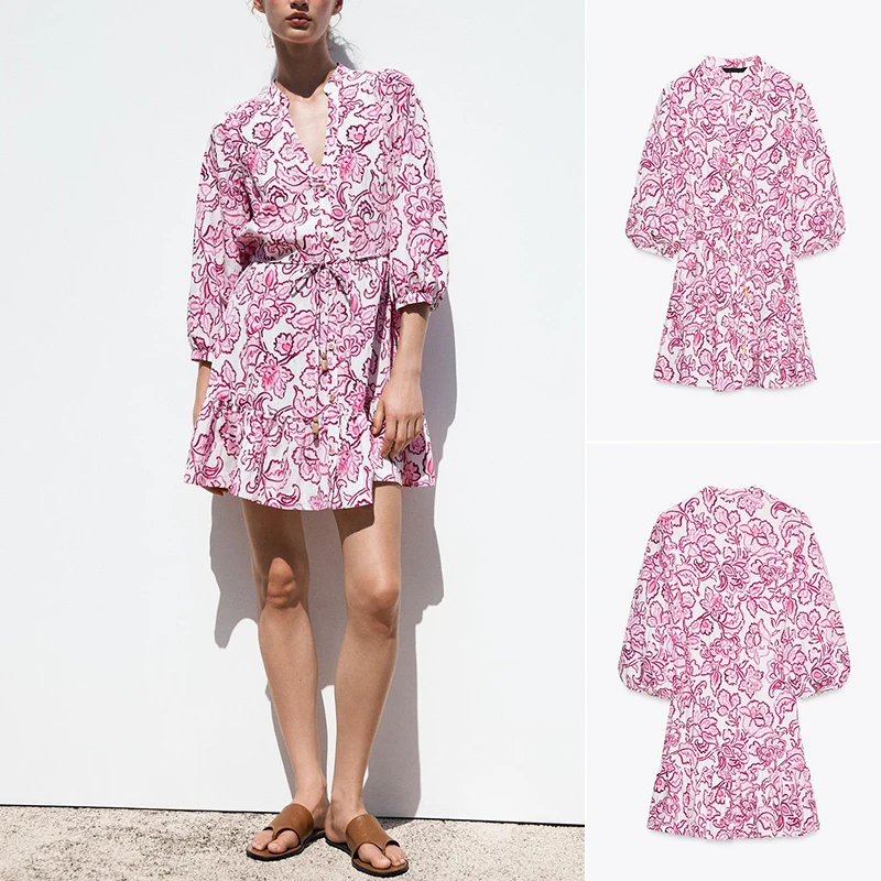 Verão novo feminino floral impressão v-ne dr bainha decorativa camadas casual sle fibra de poliéster ort sve saia linha a