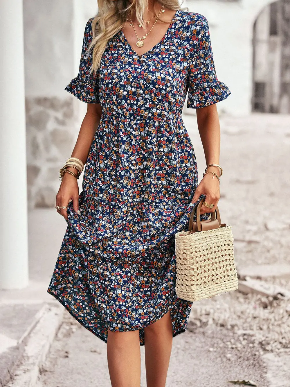 Zomer Dames V-hals Elegant Gedrukt Korte Mouw Hoge Taille A-lijn Bloemen Vakantiejurk