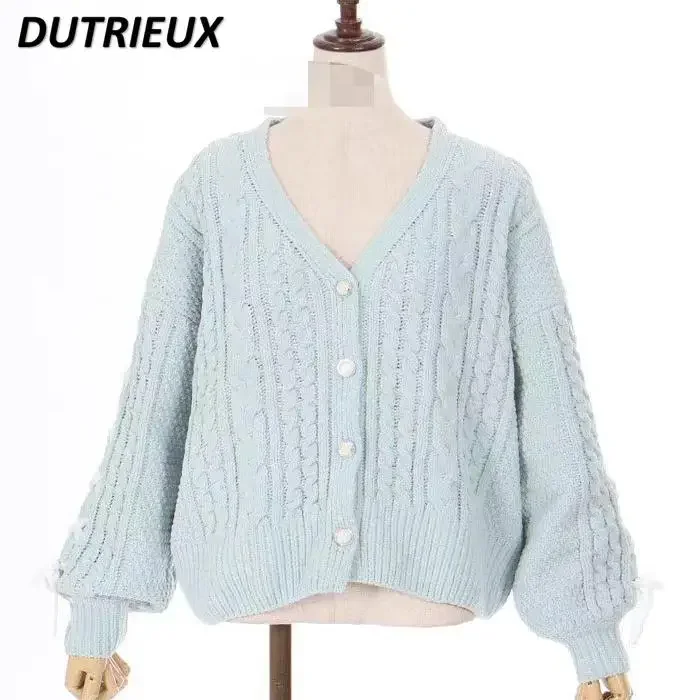 Soft Chenier Ribbon Long Sleeve V-Neck Sweater Cardigan Autumn Versatile Solid Color Single-breasted Sweet Girls Knitted Jacket