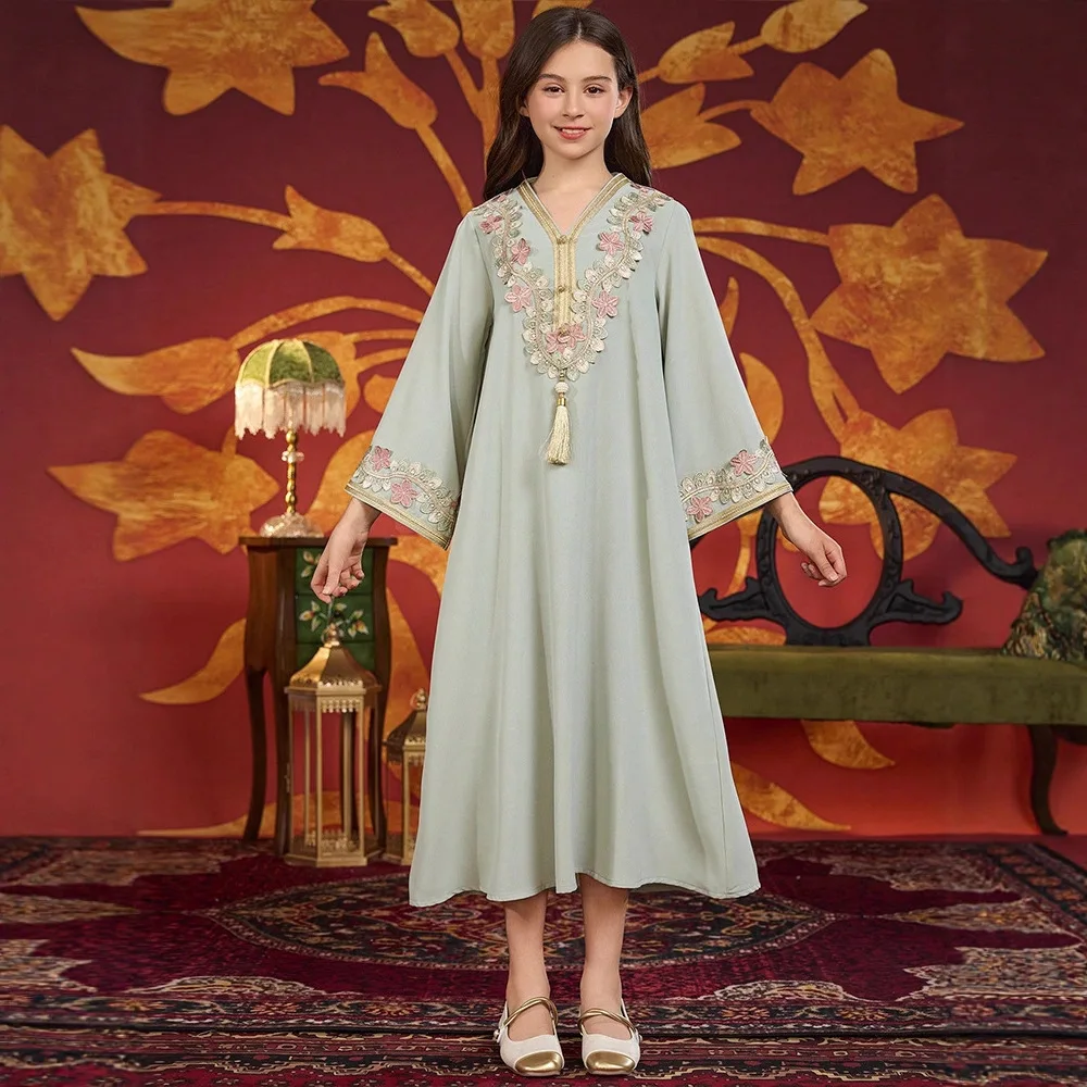 

Muslim Kids Girls Tassels Maxi Dress Abaya Robe Ramadan Eid Djellaba Loose Caftan Islamic Children Clothing Arabic Turkey Kaftan