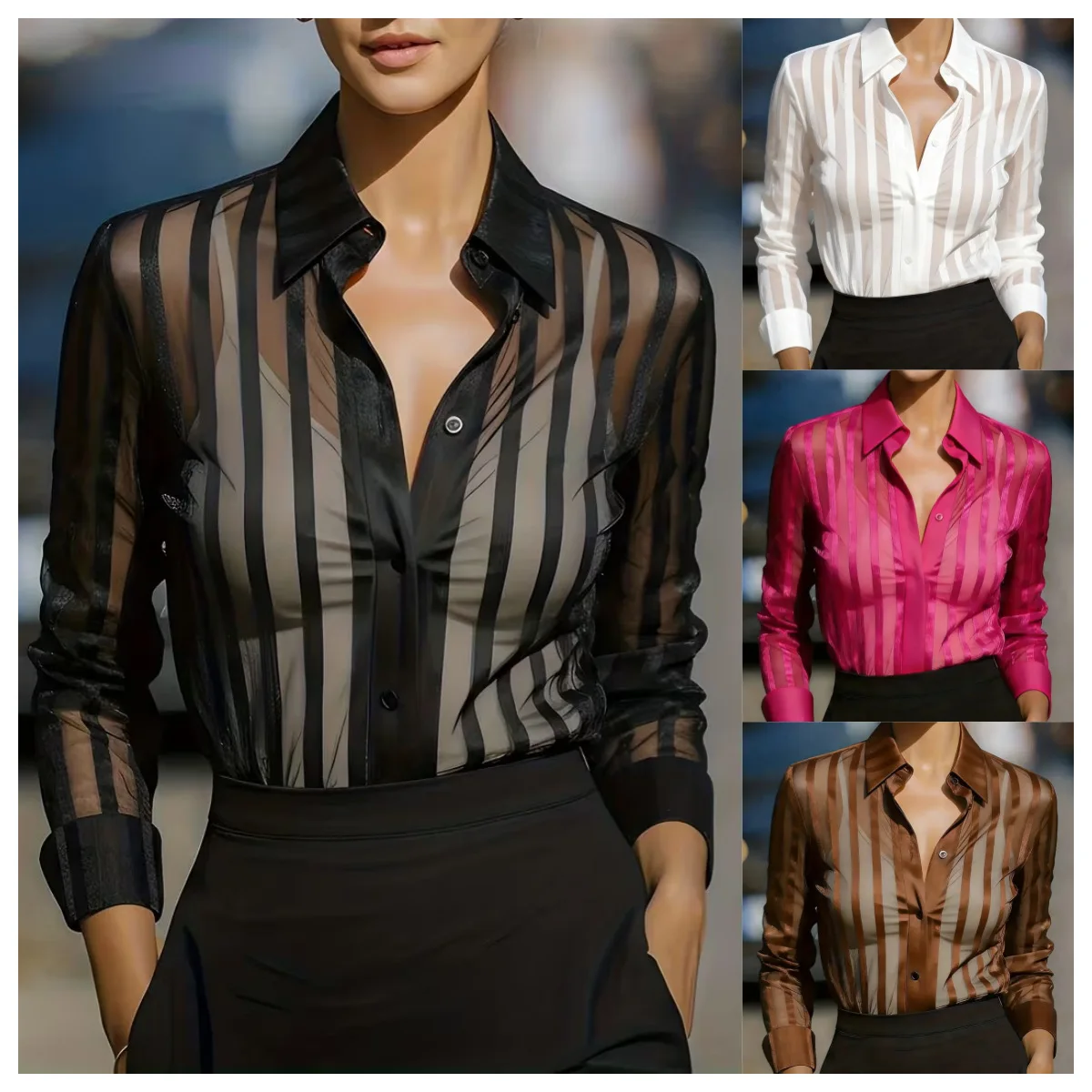

2026 Spring/Summer Solid Color Versatile Loose Striped Long Sleeve Shirt For Women