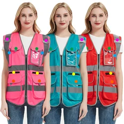 Pink High Visibility Vest Motorbike Construction Vest with Many Pockets for Men Momen Hi Vis Safety Workwear Work Wear