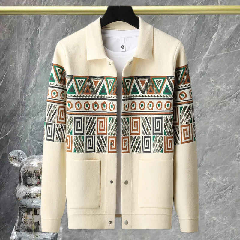 Korean Autumn New 2024 Lapel Vintage Print Cardigan Men's Sweaters Fashion Cardigan Sweater Sueter Hombre Los Hombres Abrigos