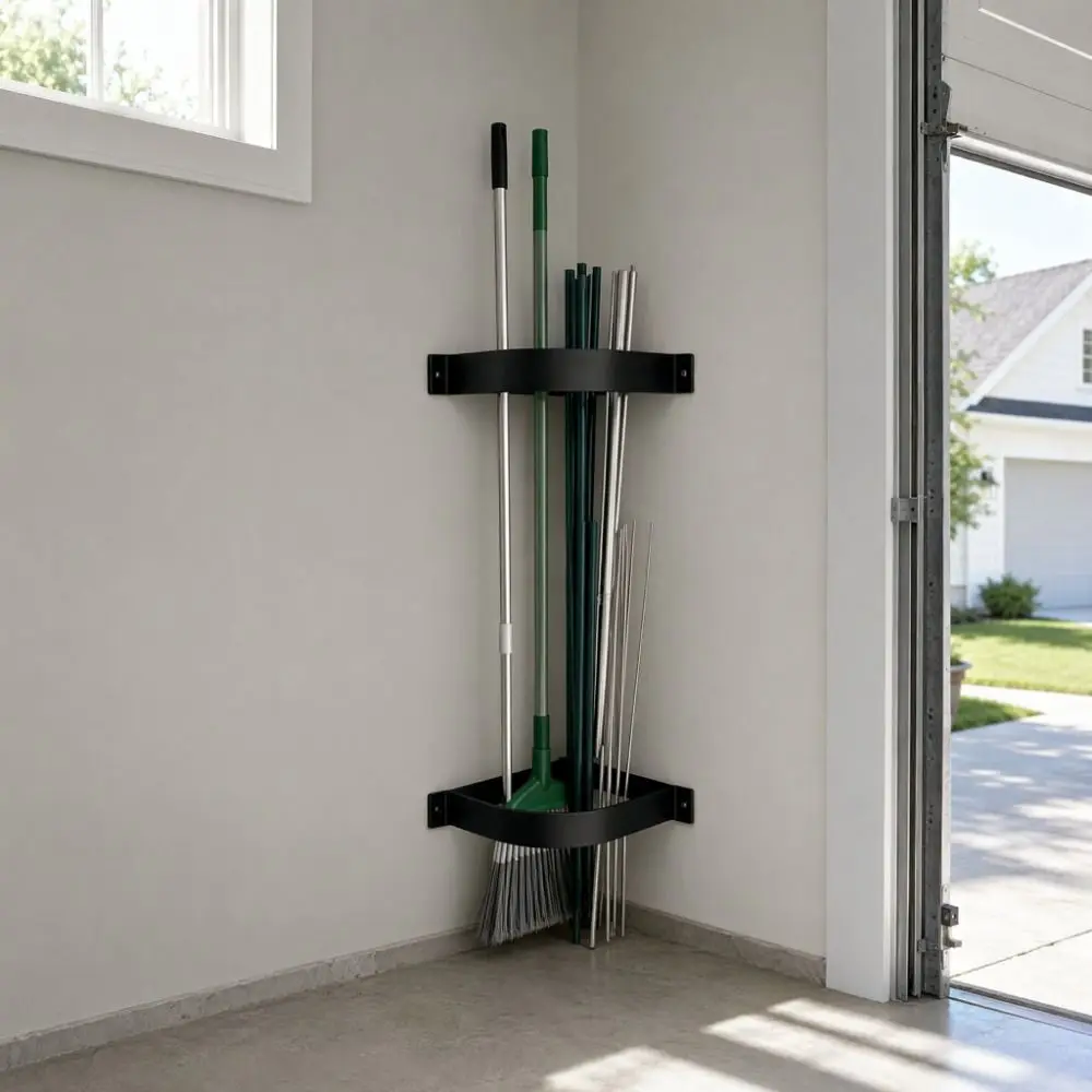 Wall Mounted Corner Tool Storage Rack Drill Install Plastic Drilled Corner Pole Organizer Heavy Duty Broom Mop Storage Organizer