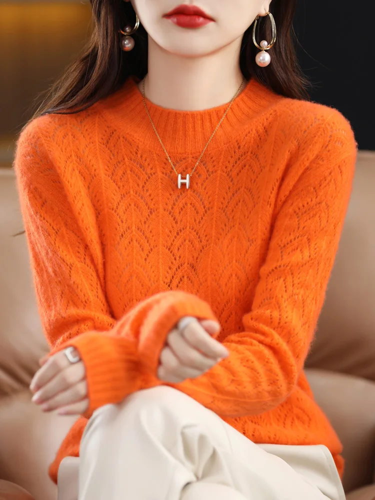 Spring Autumn 100% Merino Wool Mock-neck Pullover Sweater For Women Hollow Out Cashmere Knitwear New Fashion Female Clothing Top