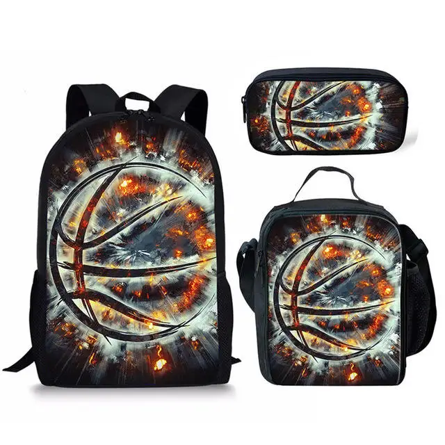 Conjunto de mochila escolar con estampado de fuego de baloncesto para niños, niñas, adolescentes, bolsa de libros para estudiantes, bolsa de almuerzo, bolsa de lápices, 3 piezas