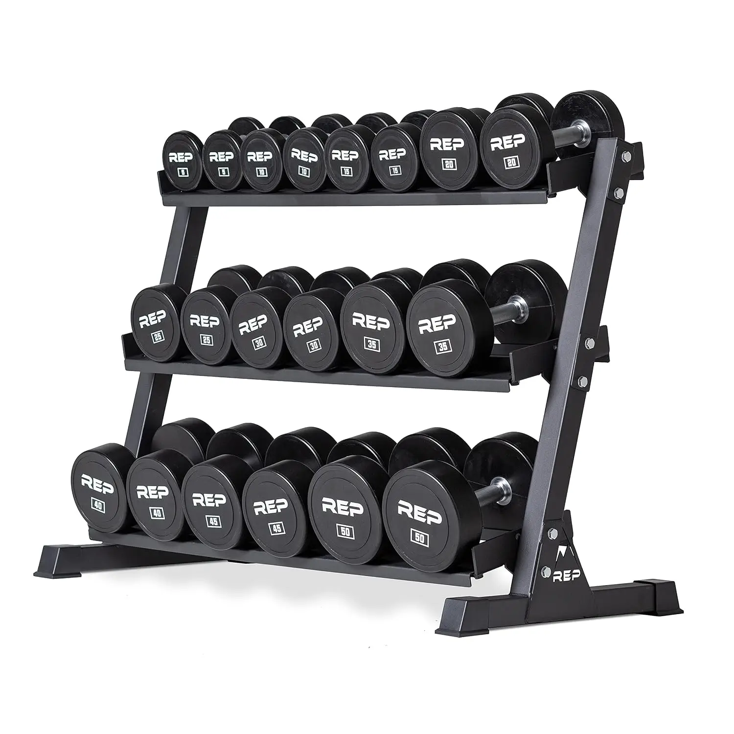 Fitness Urethane Coated Round Dumbbells, 5 to 100 lbs, Singles or Pairs, With or Without Rack, Steel Core, Rubber, Customized
