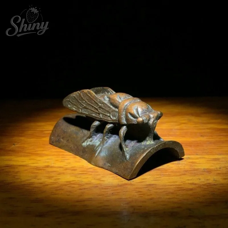 Solid Copper Golden Cicada Paperweight Antique-Style Brass Handle Ornament Four Treasures of The Study Decorative Piece
