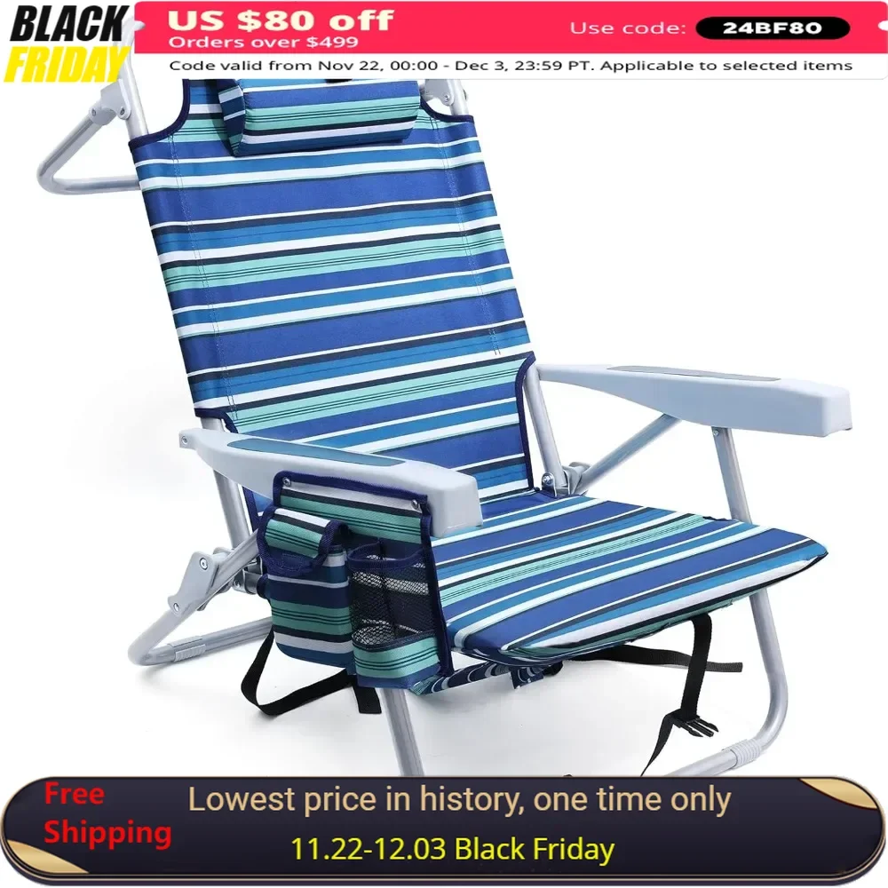 Compact Portable Lay Flat Folding Beach Chair With Backpack Straps and Large Cooler Pouch Beach Chairs for Adults Heavy Duty