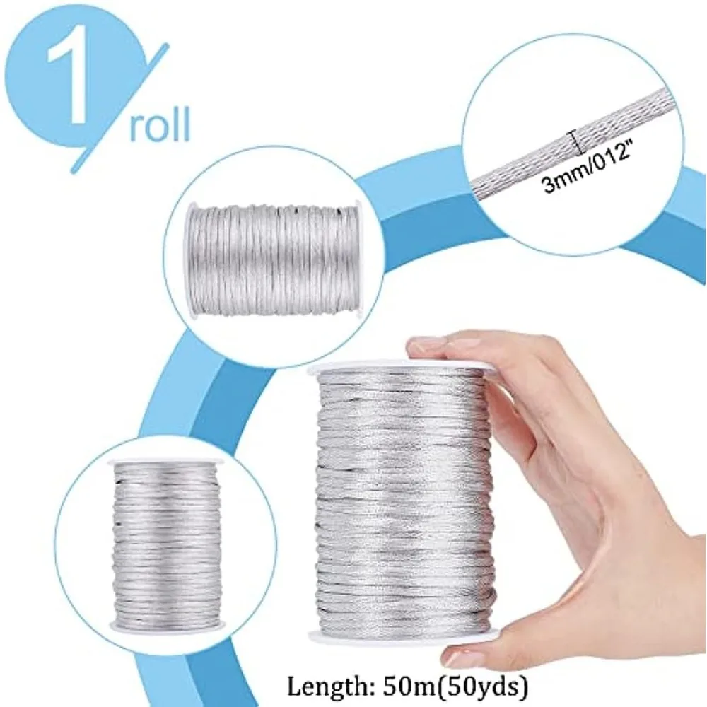 3mm Silver Silky String, Christmas Cord Rattail Silk Cord Chinese Knot Thread Thick Trim Cords Knitting Cord String for Christms