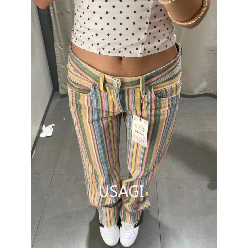 

American Vibe Contrast Stripe Low Waist Jeans Women Slimming Loose Straight Wide Leg Denim Trousers 2026 Summer Daily Wear