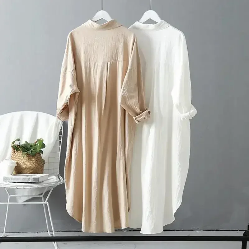 Lange Witte Overhemd Jurk Voor Vrouwen Linnen Katoen 2024 Lente Zomer Casual Koreaanse Kleding Vintage Oversized Midi Robe