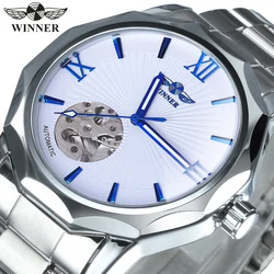 WINNER Fashion Business Mechanical Watches Luxury Irregular Skeleton Automatic Mens Watch Stainless Steel Leather Strap Luminous