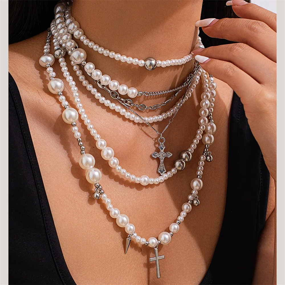 Multi-layer Imitation Pearl Bead Chain Necklace for Women Fashion Cross Pendant Necklace Aesthetic Vintage Luxury Jewelry Gifts